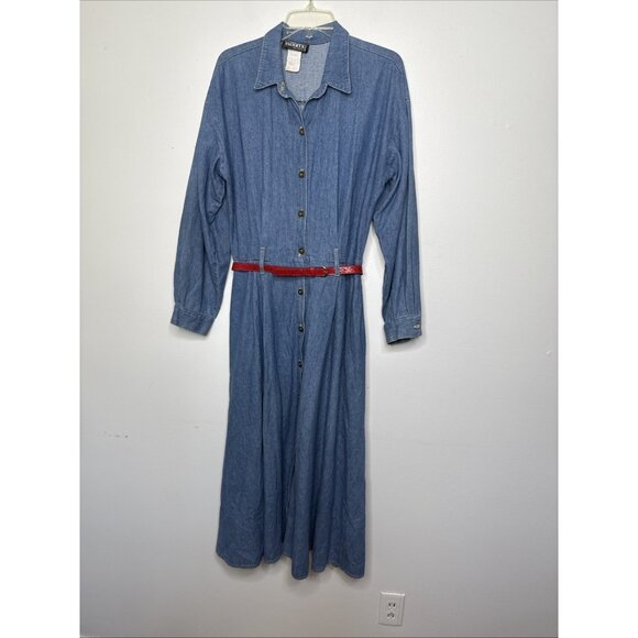 Vintage Denim Dress L 13/14 Western Midi Blue Jean Button Front Belt Cowgirl USA - Picture 5 of 8